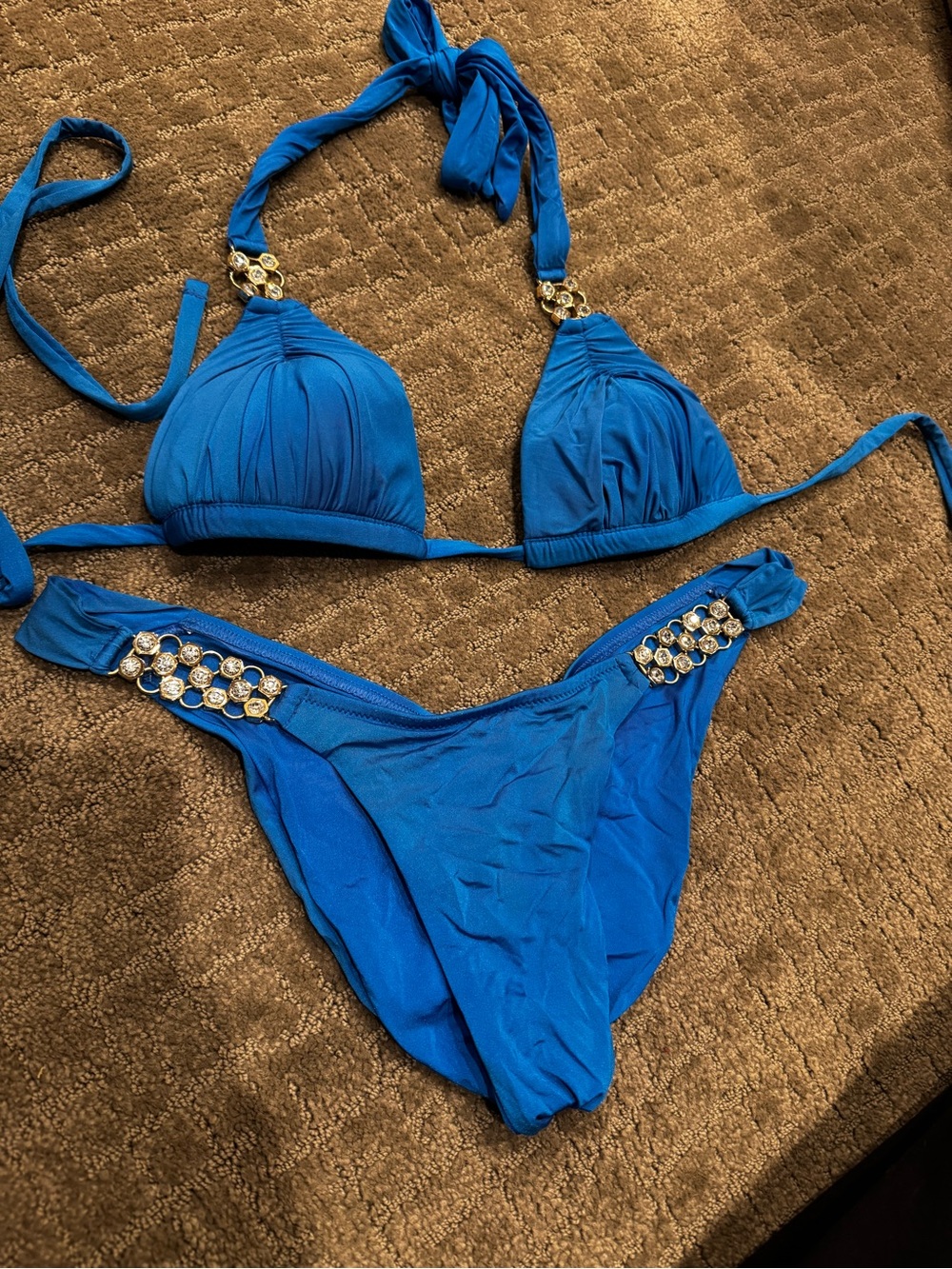 Bright Blue Bikini With Gold Detailing